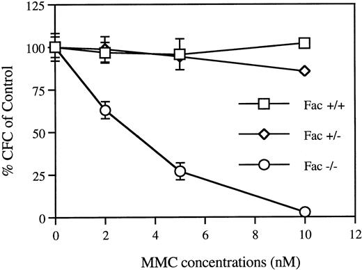 Fig. 6. In vitro MMC sensitivity of BM CFC cells from Fac−/−, +/−, and +/+ mice. BM cells were seeded in the presence of increasing concentration of MMC and cultured for 7 to 8 days. Curves represent the percentage of CFC relative to untreated cells. Each point represents the mean ± SEM of two separate experiments each performed in triplicate.