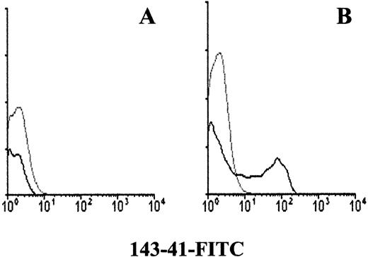 Fig. 5. Immunofluorescence analysis of mock-transfected COS-7 cells (A) or COS-7 cells transfected with HPTP-η cDNA (B). COS-7 cells were transfected with hp21 clone encoding HPTP-η or plasmid only and stained with 143-41–FITC as described in the Materials and Methods.