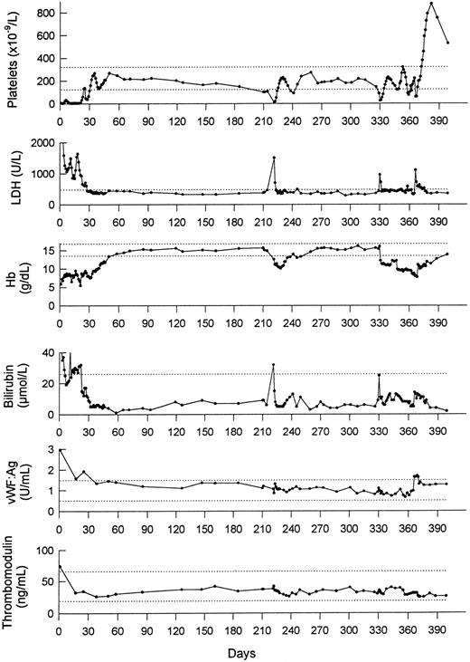 Fig. 2. Laboratory parameters during 400 days after the first episode of TTP. LDH, lactate dehydrogenase; Hb, hemoglobin; vWF:Ag, vWF antigen. The dotted lines denote the limits of (upper) normal ranges.