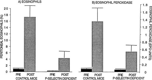 Fig. 1. Comparison of eosinophil recruitment and EPO levels in P-selectin–deficient and wild-type mice. Ragweed-sensitized mice (P-selectin–deficient or control wild-type mice; n = 9 mice; 3 separate experiments) were challenged with an intraperitoneal injection of ragweed allergen. Forty-eight hours later, the percentage of transmigrated peritoneal eosinophils (A) and EPO levels (B) were assessed. P-selectin–deficient mice developed significantly less peritoneal eosinophilia (P = .005) and lower EPO levels (P = .05) compared with control wild-type mice after allergen.