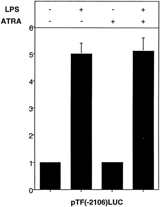 Fig. 8. Effect of ATRA on LPS-induced TF promoter activity in THP-1 cells. pTF(−2106)LUC (6 μg) was transfected into THP-1 cells using DEAE-dextran. After 46 hours, cells were divided into four equal portions and were treated with LPS (10 μg/mL) for 5 hours with or without a 30-minute pretreatment of ATRA (1 × 10−5mol/L). The control sample was incubated without LPS or ATRA. Luciferase activity (light units) expressed by pTF(−2106)LUC was used to determine fold inductions (mean ± SE) in three independent experiments.