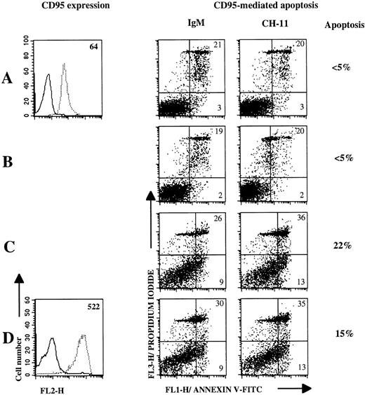 Fig. 7. CD40 ligation and CD40 ligation plus IL-4 poorly induce sensitivity to CD95-based apoptosis. CD95 expression and apoptosis induction were measured on 3-day cultured B cells (Patient FL-3) in mediun alone (A), or with IL-4 (B), CD40Lig-L cells (C), and IL-4 plus CD40Lig-L cells. CD95 expression was analyzed by flow cytometry after staining with anti-CD95 MoAb CH-11 (dashed line) or with IgM control MoAb (solid line) followed by PE-conjugated antimouse IgM. Numbers within histogram plots represent MFI values. For CD95-mediated apoptosis experiments, cultured cells were incubated with 1 μg/mL anti-CD95 MoAb CH-11 or with IgM control MoAb for 18 hours and then double-stained with annexin V-FITC/PI and analyzed by flow cytometry. Numbers within dot plots represent the percentages of cells in early apoptosis (lower right, annexin V+/PI-) and in late apoptosis or in necrosis (upper right, annexin V±/PI+). Percentages next to the dot plots indicate the specific apoptosis.