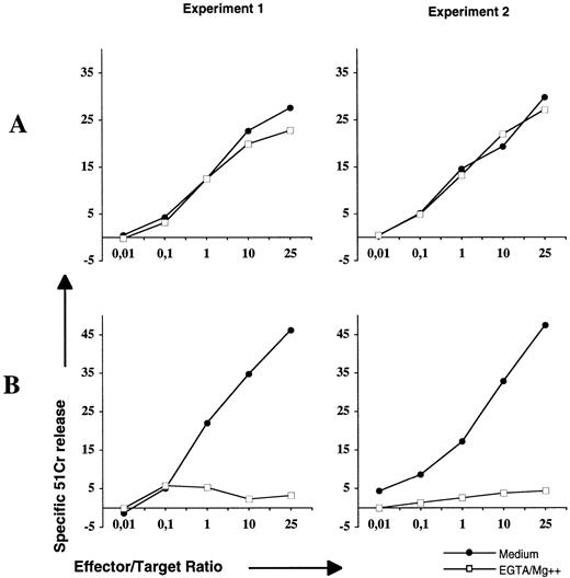 Fig. 8. Resistance of lymphoma cells to CD95, but not perforin, lytic mechanisms of cytolytic T cells. Allogeneic antilymphoma T cells generated by MLR were preincubated for 2 hours with 5 ng/mL PMA and 1.5 μg/mL ionomycin. The subsequent 4-hour cytotoxicity assay was performed with Jurkat (A) or lymphoma B cells (B) in the presence of medium (•) or EGTA-Mg2+ (□). The cytotoxicity intensity was evaluated by the percentage of 51Cr-release. Experiments 1 and 2 were performed with lymphoma cells isolated from LCL-3 and MCL-1 patients, respectively.