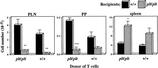 Fig. 3. Comparison of plt/plt T cells with those from+/+ for the migration into PLN, PP, and spleen. T cells were enriched from DDD/1-plt/plt or DDD/1-+/+spleen cells, and labelled with BCECF-AM. Ten million cells were intravenously injected into DDD/1-+/+ and DDD/1-plt/plt recipient mice. Forty hours after the injection, fluorescence-positive cells were detected in PLN, PP, and spleen in DDD/1-+/+ (filled columns) and in DDD/1-plt/plt(crosshatched columns) recipients. Cell number was calculated from the total cell number in each tissue and percentage of fluorescence-positive cells. Mean and SD from two recipient mice is indicated. *P < .053, ** P < .05, *** P < .005.