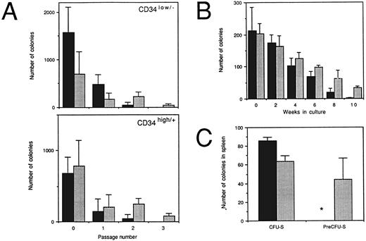 Fig. 6. Role of p53 in HSC exhaustion. (A) Number of colonies arising from 104 Lin− Sca-1+c-Kit+ CD34low/− (upper panel) or Lin− Sca-1+ c-Kit+CD34high/+ (lower panel) cells passaged every 10 days in methylcellulose semisolid medium containing KL, IL-3, and Epo. Results are mean (standard deviation) from three experiments. (B) BMCs were cocultured on irradiated stromal layers and clonogenic activity was measured every 2 weeks in the presence of KL. Results are mean (standard deviation) from two independent experiments (3 mice per experiment). (C) CFU-S and pre–CFU-S were counted on day 12 after BMC transplantation. Mean (standard deviation) from six mice. * Only microscopic colonies were present. Black and shadowed bars represent results from p53+/+ and p53−/− cells, respectively.