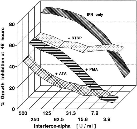 Fig. 6. Antagonistic effects of pharmacologically diverse agents on the growth-inhibitory action of IFN-α2a. Sensitive (DWS) Daudi cells were continuously exposed to serial twofold dilutions of IFN-α2a for 48 hours. Growth inhibition was measured by MTT assay. Ribbon graphs show antagonism when STSP (125 mmol/L), PMA (10 nmol/L), or ATA (125 μmol/L) were added to the IFN-α from 18 to 48 hours. Neither the PMA nor ATA themselves inhibited cell growth during this 30-hour period. STSP alone inhibited cell growth by 28%, but was nevertheless effective in decreasing the inhibitory action of IFN-α.