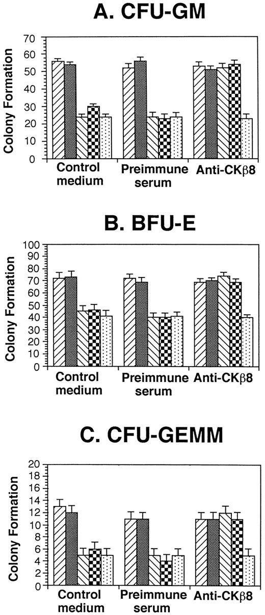 Fig. 6. Effect of CKβ8-1 and CKβ8 on colony formation by low-density human marrow cells. Low-density human bone marrow cells were plated at 5 × 104 cells/mL with 10% to 30% FBS growth factors, and chemokines (50 ng/mL) in a 0.3% agar or 1% methylcellulose culture medium. Colony formation was scored 14 days after incubation in 5% CO2 and lowered (5%) O2. Results are representative of three separate samples. (▨), Control medium; (▩) control diluent; (▧), CKβ8-1; (▩), CKβ8; (▧), MIP-1α.