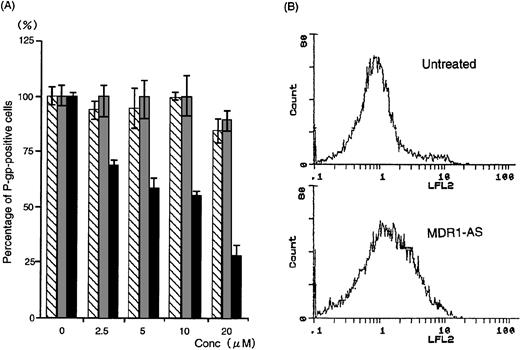 Fig. 1. (A) The percentage of P-gp+ cells in K562/ADM cells after oligonucleotide treatment (5 μmol/L). Determination of P-gp by fluorescence microscopy was performed after random (▧), MDR1-S (▧), and MDR1-AS (▩) treatment at various concentrations. The results are expressed as the percentage of treated cells compared with the untreated control, and represent the mean ± the SD of the three experiments. (B) Intracellular Rh123 retention in K562/ADM cells after oligonucleotide treatment (5 μmol/L). Intracellular Rh123 retention of untreated, random-, MDR1-S–, and MDR1-AS–treated cells was measured using flow cytometry, and the figure represents untreated and MDR1-AS–treated cells.