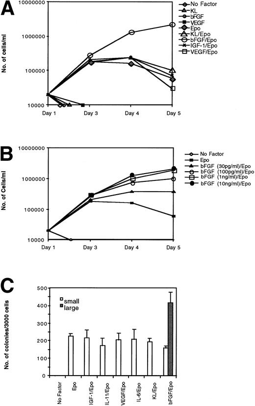 Fig. 4. Determination of growth factor requirement of EB-PE cells. (A) EB-PE cells grown with VEGF, IGF-1, and Epo were washed and plated at a density of 5 × 104 cells/mL with various growth factors. The number of cells was counted daily for 4 days. Epo was used at 2 U/mL, KL at 10 ng/mL, bFGF at 10 ng/mL, VEGF at 5 ng/mL, and IGF-1 at 10 ng/mL. (B) EB-PE growth in various concentrations of bFGF. Cells grown with bFGF and Epo were washed and replated at 5 × 104 cells/mL in different concentrations of bFGF and Epo. The number of cells were counted daily for 4 days. (C) EB-PE cells grown with bFGF and Epo were washed and replated at 3,000 cells/mL in various combinations of factors. Colonies were counted 5 days after the replating.