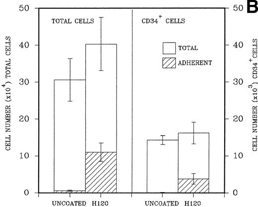 Fig. 5. (A) A total of 2.5 × 104CD34+ cells isolated from cord blood were placed in triplicate into wells precoated with H120, H0, or BSA containing serum-free medium and standard growth factors. Adherent and nonadherent cells were counted after 6 days. Hatched areas represent the adherent cell component. (B) A total of 5 × 103CD34+ cells were placed in triplicate into wells precoated with H120 fragment or left uncoated, containing serum-free medium and the standard concentration of growth factors. Adherent and nonadherent cells were counted after 8 days and analyzed by FACS for the proportion of CD34+ cells in each fraction. Hatched areas represent the adherent cell component.