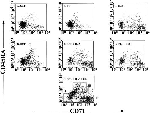 Fig. 3. Phenotypic analysis of candidate HSC after culture. Candidate HSC were cultured for 5 days in (A) SCF, (B) FL, (C) IL-3, (D) SCF + FL, (E) SCF + IL-3, (F) FL + IL-3, and (G) SCF + FL + IL-3. After 5 days, cells were stained with antibodies against CD34, CD45RA, and CD71. Profiles shown were from events gated for low PI, low SCC, and high expression of CD34. In (G) boxes I, II, and III represent the windows used to sort for CD34+CD45RAloCD71lo cells, CD34+CD45RAloCD71hi cells, and CD34+CD45RAhiCD71hi cells, respectively. The same windows were applied to Fig 4 and Table 1.