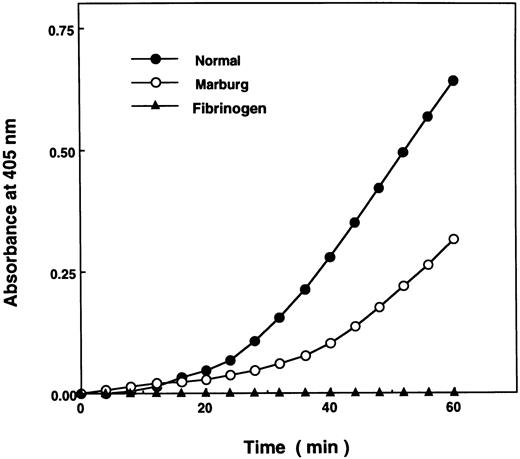 Fig. 2. Facilitation of t-PA–catalyzed activation of plasminogen by polymerizing fibrin monomer. Enhancement of t-PA–catalyzed plasminogen activation by fibrin monomer was measured in 180 μL of the reaction mixture composed of acid-solubilized fibrin monomer (0.2 mmol/L), plasminogen (1.0 μmol/L), t-PA (4 U/mL), and S-2251 (0.3 μmol/L) as described in Materials and Methods. Plasmin generation was measured by monitoring A405 nm at 2-minute intervals.