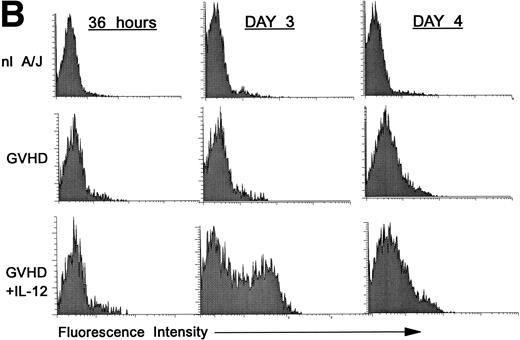 Fig. 2. Increased expression of CD25 and CD69 on donor CD4+ T cells at 36 hours and on day 3 in spleens of IL-12–protected mice. Lethally irradiated B6 mice received A/J BMC and spleen cells plus TCD B6 BMC with or without IL-12 on day 0. Spleen cells were analyzed by three-color FCM to determine percentages of CD4+ Dd+ donor cells expressing CD25 (A) and CD69 (B). Similar results were obtained from six mice per group at each time point in two independent experiments.