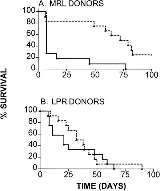Fig. 5. Requirement for donor Fas expression for maximal IL-12–induced GVHD protection. B6 mice received lethal irradiation followed by reconstitution with TCD B6 marrow, along with either (A) wild-type MRL or (B) with Fas-mutant LPR BMC and spleen cells (107). Results of two experiments, both of which produced similar results, are combined (n = 11 to 12 mice per group). (—), GVHD controls; (---), IL-12–treated.