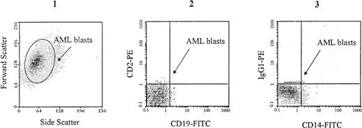 Fig. 1. Specific gating of AML blasts. Cell suspensions containing more than 95% of AML blasts were prepared by removing CD2+ CD19+ cells (lymphocytes) using specific immunoadsorption on Dynabeads coated with specific MoAbs as described in Materials and Methods. In the example shown here, which is from an M1 AML patient, CD14+ monocytes have also been removed. AML blasts, which are characterized by large forward and side scattering values37 (1), are gated in the CD2neg, CD19neg (2) and CD14neg (3) windows.