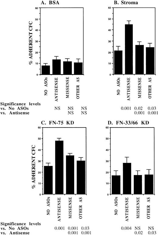Fig. 1. Anti–BCR-ABL AS-ODNs restore CML CFC adhesion to stroma or fibronectin. A total of 10,000 DR+ cells were incubated in serum-free medium with or without breakpoint-specific and control ODNs after which their adhesion to BSA (A); stromal-adherent layers (B); FN 75-kD (C); and FN 33-66-kD (D) coated wells was evaluated as described in the text. Results shown represent the mean ± SEM for six (A, C, and D) or nine (B) separate experiments.