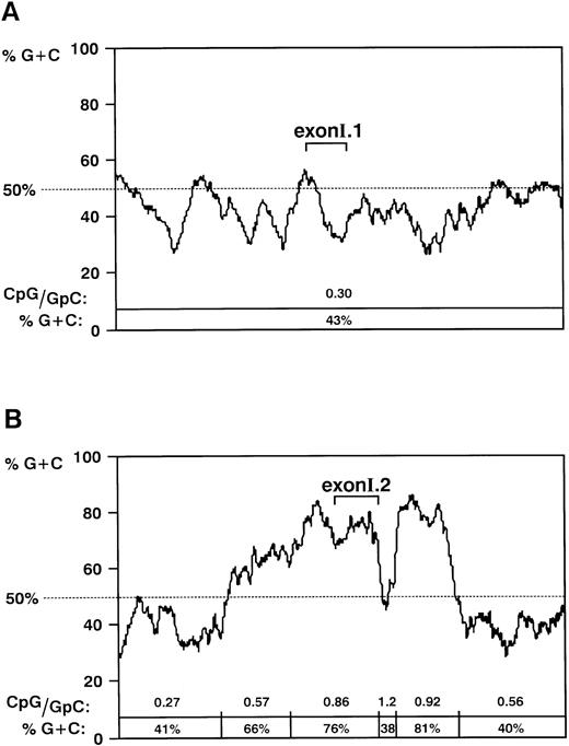 Fig. 5. Hif1a exon I.2 is located within a CpG island. G+C content across the exon I.1 (A) and exon I.2 (B) regions. A window of 100 bp shifted in steps of 1 bp was used in the computer-assisted analysis. The positions of exon I.1 and exon I.2 are indicated. The CpG/GpC ratio is given for each DNA segment that could be distinguished from adjacent segments by the difference in the G+C content.