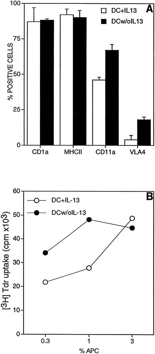 Fig. 2. (A) Characterization of adhesion molecules expressed by DC. After 5 days in vitro with GM-CSF and IL-13, DC were cultured for 2 additional days in the presence (□) or absence (▪) of IL-13. Cells were labeled with the designed MoAb and then with FITC-labeled goat anti-mouse Ig. (B) Mixed leukocyte reaction (MLR). Responder cells were allogeneic T lymphocytes depleted of autologous monocytes and B lymphocytes; they were plated at 1 × 105cells/well. DC cultured for last 2 days with (○) or without (•) of IL-13 were mixed at the indicated concentrations. 3H-Tdr was added in the last 18 hours of a 5-day experiment.