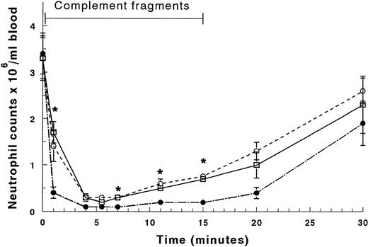 Fig. 2. Circulating neutrophil counts in the arterial blood exiting the lungs sampled from the thoracic aorta (•), the proximal venous blood entering the lungs sampled near the right atrium (○), and the distal venous blood sampled from the origin of the inferior vena cava near the union of the common iliac veins (□). The neutrophil counts increased by a similar degree in the proximal and distal venous blood by 7 minutes of infusion, and this increase persisted throughout the infusion. *Significantly greater than the neutrophil counts in the arterial blood, P < .05.