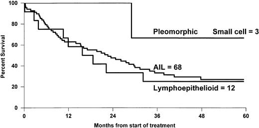 Fig. 3. OS of 68 AIL patients, 12 lymphoepithelioid, and 3 pleomorphic small-cell lymphoma patients.