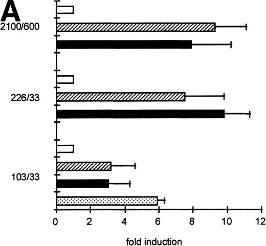 Fig. 5. GGAA binding proteins regulate βc chain promoter activity. (A) Cotransfection of Ets family members cEts-1, PU.1, and GABP enhances promoter activity in fibroblasts. COS-1 cells were transfected with 2 μg of promoter and 6 μg of Ets expression vector or pSG5 (negative control). Promoter activity of the constructs −2100/+600 and −226/+33 is enhanced 8 to 10 times, whereas construct −103/+33 is activated only 3 times, probably due to the high basal activity of −103/+33 in COS cells. (□) pSG5; (▨) cEts; (▪) PU.1; (▧) GABP+β. (B) Ets-binding sites −65 and −45 are crucial for promoter activity. Both binding sites were mutated in the −103/+33 construct and tested for promoter activity. Both single mutations and the double mutation show a clear decrease in promoter function in both U937 and HL-60 cells. Values are the mean of at least four independent experiments; the error bars indicate the standard deviation. LacZ determination was used to correct for transfection efficiency. (C) Point mutations in Ets-binding sites −65 and −45 prevent binding of several protein complexes. The −103/+33 fragments were used in a band shift assay, using 10 μg of nuclear extract HL-60 cells. When site −65 is mutated, complexes C2 and C3 are no longer observed (lanes 2 and 4), whereas binding of C1 is also decreased. Mutation of site −45 prevents complex C4 from binding (lanes 3 and 4). Similar results were obtained when using U937 cells (data not shown).