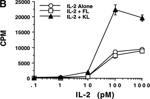 Fig. 6. (A) RT-PCR analysis of flt3 and c-kit mRNA expression in HPCs and various lymphocyte populations. Lanes 1 through 3, purified CD34+ HPCs from 3 normal BM donors; lanes 4 and 5, CD56+CD3− NK cells generated from CD34+ HPCs after culture in FL plus IL-15 for 3 weeks; lanes 6 and 7, CD56bright blood NK cells; lanes 8 and 9, CD56dim blood NK cells from two normal blood donors; lane 10, unfractionated PBL; lane 11, blood CD3+ T cells. (Below) Human β-actin control of the identical samples. (B) Proliferation of CD56bright NK cells in response to various concentrations of IL-2, IL-2 plus FL (100 ng/mL), and IL-2 plus KL (100 ng/mL). The results are representative of three separate experiments and indicate the mean cpm ± SEM of triplicate measures.