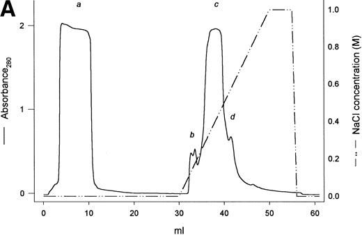 Fig. 1. Purification of rEC by anion exchange chromatography. Crude fermentor supernatant was dialyzed and injected (10 mL) onto a 1-mL Mono Q HR 5/5 anion exchange column pre-equilibrated with the same buffer, as described in Materials and Methods. Bound protein was eluted with a 20-mL linear salt gradient (20 mmol/L Tris, pH 7.5, to 1 mol/L NaCl, 20 mmol/L Tris, pH 7.5) and fractions (1 mL) were collected. (A) Elution profile with absorbance plotted as a solid line (scale on the left) and the salt gradient (M NaCl) as the broken line (scale on the right). (B) Evaluation of fractions by SDS-PAGE. Fraction samples were run on 4% to 20% gradient SDS-PAGE under reducing conditions. S denotes crude fermentor supernatant. Lanes corresponding to sequentially collected fractions under the following peaks are indicated with lowercase letters: peak a, pooled flow-through; peak b, two fractions; peak c, four fractions; peak d, one fraction. Eluted material was deliberatedly overloaded on the gel to enhance detection of minor contaminants.