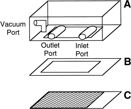 Fig. 1. Schematic of the parallel plate flow chamber. The chamber consists of a polycarbonate slab (A), a silicon gasket (B), and a vWF-coated glass coverslip (C) held together by vacuum. During experiments, the parallel plate flow chamber is mounted on an inverted-stage microscope connected to a video camera and a video- cassette recorder.
