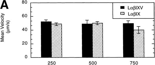 Fig. 10. Influence of vWF surface density and the role of the GP V subunit. LβIXV and LβIX cells with a high receptor density (geometric mean >800 fluorescent units) were evaluated on surfaces prepared using vWF solutions with concentrations ranging from 250% to 750% of normal vWF plasma concentration. The mean velocity (A) and the total number (B) of rolling cells were determined at a wall shear stress of 10 dyn/cm2. Values are the mean ± SEM, n = 4 to 8.