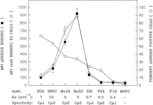 Fig. 4. Comparison of the mIgM-binding and apoptosis-inducing properties of a large panel of bivalent anti-IgM MoAbs with differing intrinsic affinity and differing IgM domain specificity. The capacity of the bivalent MoAb to bind Ramos mIgM was assessed by indirect immunofluorescence following 30 minutes of incubation of Ramos cells with 10 μg/mL of MoAb at 4°C (MoAb:cell ratio = 1 μg/105 cells). Data are indicated as the MFI (□). The MoAbs are listed (left to right) in descending order of their mIgM binding potential by this assay. With the notable exception of MoAb XG9, there was a relatively good correspondence between relative binding potential of the bivalent MoAb and the previously established Ka values for binding of MoAb Fab′.30 The capacity of these ligands to induce apoptosis was assessed by culturing Ramos cells with 10 μg/mL of each MoAb (MoAb:cell ratio = 2 μg/105 cells) for 42 hours and subsequent staining with FITC-annexin. The later results are shown as MFI FITC-annexin bound (•) as well as the percentage of annexin-positive cells (○); (mean ± SD from 2 experiments). A further replicate experiment in which all the MoAbs, with the exception of Mu18, were evaluated for MoAb binding or capacity to induce annexin-positive cells upon in vitro culture yielded similar results to those shown above.