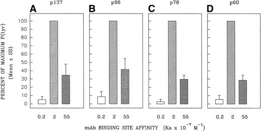 Fig. 7. Intraexperimental variability in the degree of protein tyrosine phosphorylation. A set of lysates from one of the three stimulation experiments in Fig 6 was reassayed on different occasions by anti-P(tyr) immunoblotting and ECL. Bands were analyzed and plotted as in Fig 6. The tyrosine-phosphorylated proteins indicated as p78 and p60 were analyzed in three replicate assays with the same lysate. Data shown for p137 and p96 represent only two of the assays, due to problems in the clear resolution of p137 and p96 in one of the assays.