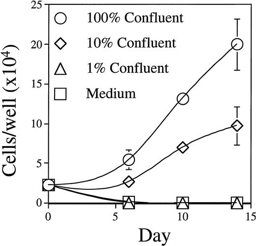 Fig. 3. Growth of BLIN-2 on BM stromal cells. BLIN-2 cells (2.5 × 104/well) were cultured on various concentrations of BM stromal cells, and the number of BLIN-2 cells was quantified on days 7, 10, and 14. Each symbol represents the mean ± SD of triplicate wells. One hundred percent confluency corresponds to approximately 6 × 103 BM stromal cells per 200-μL flat-bottom microtiter well. This experiment is representative of five similar experiments.
