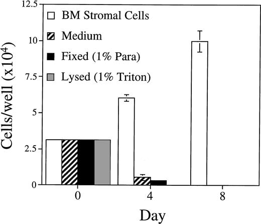 Fig. 5. Growth of BLIN-2 on fixed or lysed BM stromal cells. BM stromal cells were fixed in 1% paraformaldehyde or lysed in 1% Triton X-100 and then washed five times in medium before the addition of BLIN-2 cells. BLIN-2 growth was quantified on days 4 and 8. Each bar represents the mean ± SD of triplicate wells. This experiment is representative of four similar experiments.