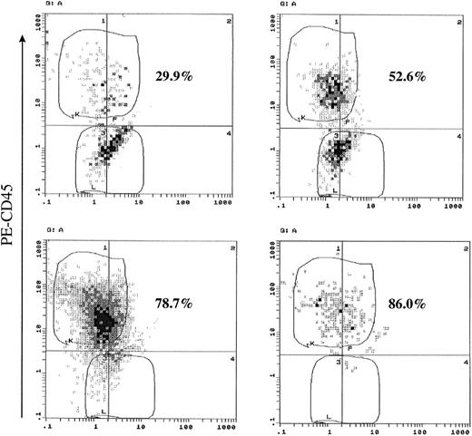 Fig. 3. Single-cell assays confirmed that CD45 expression and proliferation are IL-6–induced effects. CD45− U-266 were flow-sorted, diluted, and plated at 1 cell per well in 96-well plate. Cells were cultured for 28 days with or without IL-6 (2 ng/mL). At the end of the culture period, cells were harvested from wells containing enough cells for flow cytometric analysis, stained with PE-CD45 monoclonal antibody, and analyzed. Representative flow cytograms from cells cultured with IL-6 are shown. The percentage of CD45+ cells is shown on each flow cytogram.