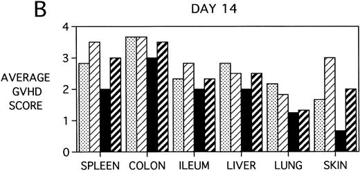 Fig. 7. GVHD scores in target organs of B10.BR recipients pretreated with PBS or KGF on days −6, −5, and −4 pre-BMT, conditioned with Cy/TBI (days −3, −2, and −1) or TBI alone (day −1), and transplanted with C57BL/6 BM with 15 × 106spleen cells. Scores are averages of 3 mice/group on days 5, 14, and 38 post-BMT. (†) indicates that all mice in the group had died by this time point. (0) indicates that all mice in the group exhibited normal histological appearance of the target organ. (▧) BMS + PBS, (▨) BMS + CY + PBS, (▪) BMS + KGF, (▨) BMS + CY + KGF.