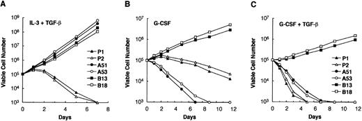 Fig. 4. Growth curve of 32Dcl3 cells in response to TGF-β in the presence IL-3 or G-CSF. (A) The indicated cells were cultured with 0.25 ng of IL-3 per mL, 10 ng of TGF-β per mL, and 10% FCS. Cultures were diluted when the cell number reached 1 × 106 cells per mL. Viable cells were counted by the trypan blue exclusion method at each time point. Clones B13 and B18 are established from cells transfected with pMV-AML1/Evi-1▵ZF8-10. Two independent experiments were performed and similar results were obtained. Representative data are shown. (B and C) The indicated cells were washed twice with phosphate-buffered saline and subsequently cultured with 5 ng of G-CSF per mL either alone (B) or together with 10 ng of TGF-β per mL (C) in the presence of 10% FCS. Cultures were diluted when the cell number reached 1 × 106 cells per mL.