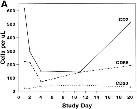 Fig. 2. Absolute numbers of (A) CD2, CD16/56, and CD19/20 or (B) CD3, CD3/4, and CD3/8 lymphocytes in peripheral blood during and after treatment with BTI-322.
