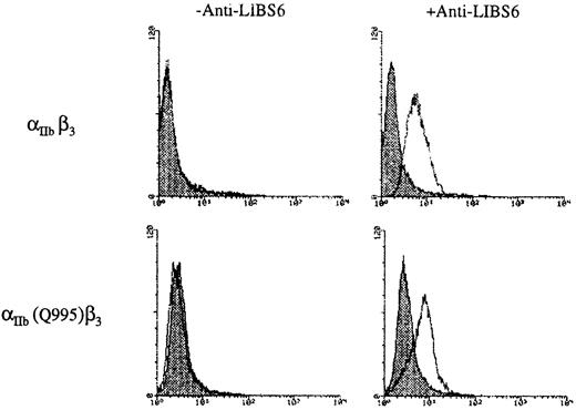 Fig. 5. Determination of the activation state of the mutated IIbβ3 complex in a stable CHO cell line using flow cytometry. Cells stably transfected with wild-type β3 and wild-type IIb or wild-type β3 and mutated IIb were incubated with FITC–PAC-1 in the presence or absence of 2 μmol/L anti-LIBS6 as detailed in Materials and Methods. Log of the fluorescence is on the abscissa and the number of cells examined is on the ordinate. A total of 5,000 cells were analyzed. PAC-1 binding was assessed in the presence (░) or absence (□) of 1 mmol/L RGDS peptide as shown. Note that PAC-1 binding requires the presence of the activating MoAb and was inhibited by RGDS.