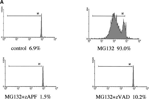 Fig. 1. Induction of apoptosis by proteasome inhibition in CLL patient isolates. (A) DNA fragmentation analysis. Cells from a representative glucocorticoid-sensitive patient (see Table 1) were preincubated in the presence of 25 μmol/L zAPFcmk or 200 μmol/L zVADfmk for 1 hour and then treated with 10 μmol/L MG132, and DNA fragmentation was measured at 16 hours by PI staining and FACS analysis. (B) Surface phosphatidylserine exposure. Cells were incubated in absence or presence of 10 μmol/L methylprednisolone or 10 μmol/L MG132 with or without 200 μmol/L zVADfmk, and surface PS exposure was quantitated by staining with annexin-FITC and measured by FACS analysis. Results characteristic of three independent experiments with different patient isolates.
