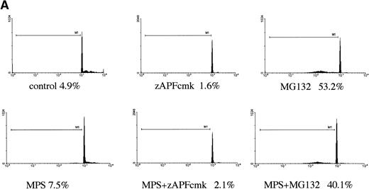 Fig. 2. Effect of proteasome inhibitors on normal lymphocytes. (A) Effects on normal lymphocytes. Isolated peripheral blood lymphocytes from normal donors were incubated in the presence of 10 μmol/L MG132 or 10 μmol/L methylprednisolone with or without 25 μmol/L zAPFcmk for 16 hours, and apoptosis was assessed by PI staining and FACS analysis. Results of one experiment are representative of three independent replicates. (B) Effects on hematopoietic progenitor cells. G-CSF–mobilized CD34+CD45+ progenitor cells were incubated in the absence or presence of 25 μmol/L zAPFcmk or 10 μmol/L MG-132 and DNA fragmentation was measured after 16 hours by PI staining and FACS analysis.
