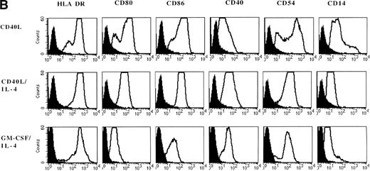 Fig. 3. Phenotypic analysis of in vitro–generated DC. PBMNC were cultured in presence of CD40L, CD40L/IL-4, or GM-CSF/IL-4. Dot plots (A) show the forward- and side-scatter profiles of the cells. Histograms (B) show expression of indicated cell surface molecules after 7 days of culture. Solid histograms: labeling with isotype matched irrelevant MoAb.