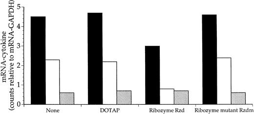 Fig. 5. Ribozyme Rzd inhibits synthesis of mRNAs for TNF and GM-CSF. JMML cells were incubated alone (none), with only liposomes (DOTAP), or with the ribozymes Rzd or Rzdm for 48 hours before the cells were collected and total RNA was extracted. Cytokine mRNA levels were then estimated with an RNAse protection assay. Results are expressed relative to the mRNA level of the internal GAPDH standard, and representative data from 1 of the 3 patients are shown. (▪) GM-CSF; (□) TNF; (▧) G-CSF.