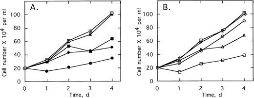 Fig. 3. Growth of the CML cell line, K562, is suppressed by 2-5–antisense directed against bcr-abl mRNA. Cells were without treatment (⊞) or with twice daily treatments with 2 μmol/L of (A) SpA4-anti-bcr (•), anti-bcr (⧫), SpA4-(M5)anti-bcr (▪), or SpA2-anti-bcr (▴) or in (B) of SpA4-anti-b3a2 (□), anti-b3a2 (▵), SpA4-anti-b2a2 (○), or SpA4-(M6)anti-b3a2 (◊). Cell numbers are the average obtained from duplicate wells.