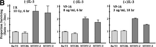 Fig. 3. CBFβ-SMMHC slows apoptosis in Ba/F3 cells exposed to IR or VP-16. (A) MTCB6, MTINV-2, or MTINV-3 cells were cultured in the absence or presence of zinc for 18 hours. The cells were then removed from IL-3 and irradiated to 10 Gy, and 6 hours later the cells stained with PI and FITC-Annexin V and subjected to FACScan analysis. After irradiation, cells initially in zinc were continued in zinc. Data from a typical experiment are shown. The cluster of cells that excluded PI and was determined to be alive is boxed in the upper left panel. (B) The proportion of parental Ba/F3, MTCB6, MTINV-2, or MTINV-3 cells surviving 10 Gy or IR followed by culture in the absence of IL-3 for 6 hours, surviving 8 μg/mL VP-16 for 6 hours in the absence of IL-3, or surviving 3 μg/mL VP-16 for 18 hours in the presence of IL-3 are shown. Ratios of the proportion of cells surviving in the presence of zinc to the proportion of cells surviving in the absence of zinc were calculated for each cell line in each experiment. Results shown are the mean and SE from three experiments.