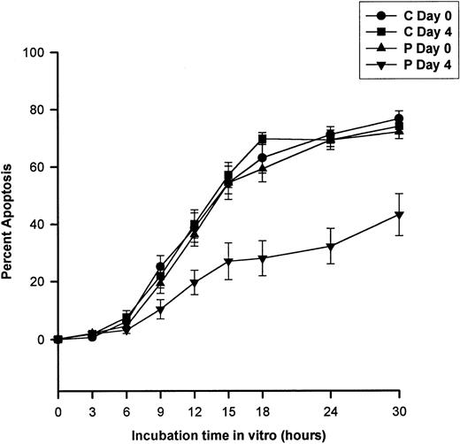 Fig. 5. Neutrophil apoptosis. Neutrophil apoptosis was determined as described in Materials and Methods. Apoptosis of isolated neutrophils, after 5 days of G-CSF therapy, was significantly reduced by 9 hours of culture and remained lengthened throughout the assay time (30 hours). Results are expressed as percent apoptosis and represent mean ± SEM, n = 8 (matched pairs); C, control; P, treated volunteer.