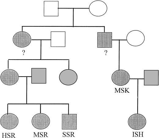 Fig. 1. Pedigree of the five heterozygous carriers of HbS-Oman described in Table 1. Hatched symbols indicate the presence of HbS-Oman in the heterozygous state. The question marks indicate the obligatory heterozygotes according to the pedigree.