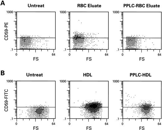 Fig. 2. Transfer of CD59 from RBC eluates (A) and HDL (B) to monkey RBC lacking cross reactive CD59 antigen. Monkey RBC was washed in PBS, incubated with RBC eluate or HDL for 1 hour at 37°C, then subsequently washed and stained with CD59-FITC. PI-PLC (1 U/mL) for 1 hour at 37°C treatment of samples of RBC eluate and HDL significantly decreased transfer.