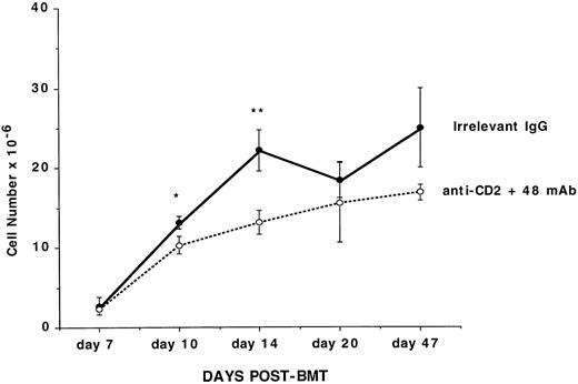 Fig. 4. Anti-CD2 + 48 MoAb infusion slows the recovery of lymphohematopoiesis in the BM and splenic compartments in lethally irradiated recipients of congenic BM grafts. B6 recipients were lethally irradiated on day −1 and then administered 3.0 × 106 BM from B6-CD45.2 congenic donors on day 0. Mice were treated with irrelevant IgG or CD2 + 48 MoAb as described in Fig1. At the indicated time periods listed on the x-axis, three mice per group were analyzed for reconstitution of the BM compartment as shown in Table 4. The absolute number of cells is listed on the y-axis. Data, mean values ± 1 standard deviation of the mean, are depicted. Comparisons between the groups which were significant (*P < .05; **P < .01) are shown. Representative histograms from these mice are shown in Fig 3A. These data were replicated in a second experiment as shown in Table 7.