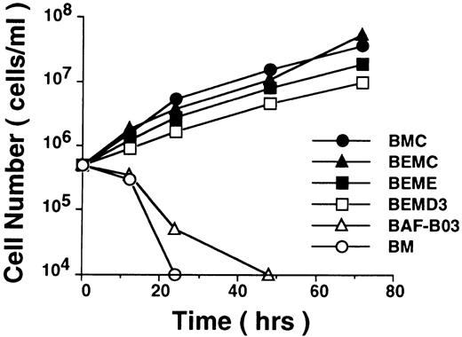 Fig. 1. Proliferation profiles for BAF-B03–derived cells. For growth assay, IL-3–dependent BAF-B03 and BM cells as well as IL-3–independent BMC, BEMC, BEME, and BEMD3 cells (pooled transfectants) were plated at 5 × 105 cells/mL in the absence of IL-3 after washing with PBS. The concentration of viable cells was counted at various times after plating and represented on a logarithmic scale.