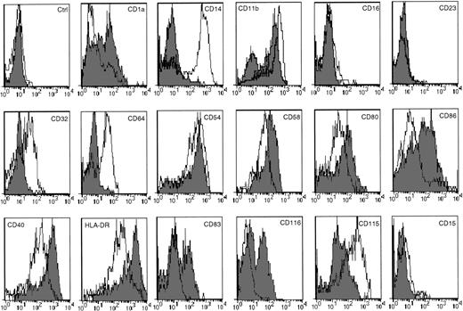Fig. 2. Phenotypic modifications induced by culture with RCC CM for 12 days. CD34+ cells cultured for 12 days with GM-CSF+TNF (▪) or in the presence of 10% RCC CM (□) were harvested and processed for staining with PE-conjugated MoAbs or uncoupled MoAb shown by PE-conjugated antirat Ig (CD115). Antimouse control antibody was shown in the first histogram. Antirat control antibody overlaps this control (data not shown). Results are representative of four experiments.